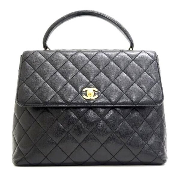 Authentic CHANEL 24K CC Caviar Vintage Kelly Quilted Flap Bag Black Purse Handle - Picture 1 of 15
